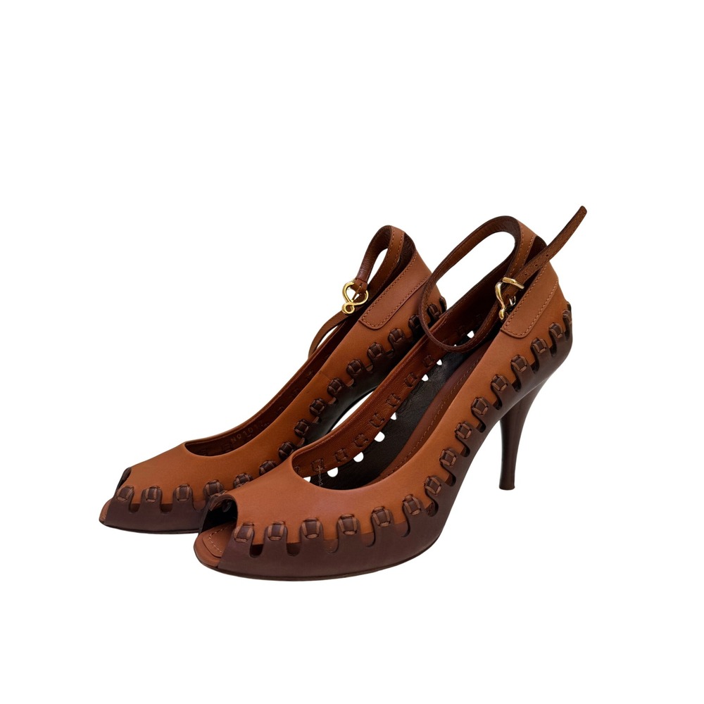 Louis Vuitton Brown Leather Whipstitch Peep Toe Ankle Strap Heels Pumps 36.5